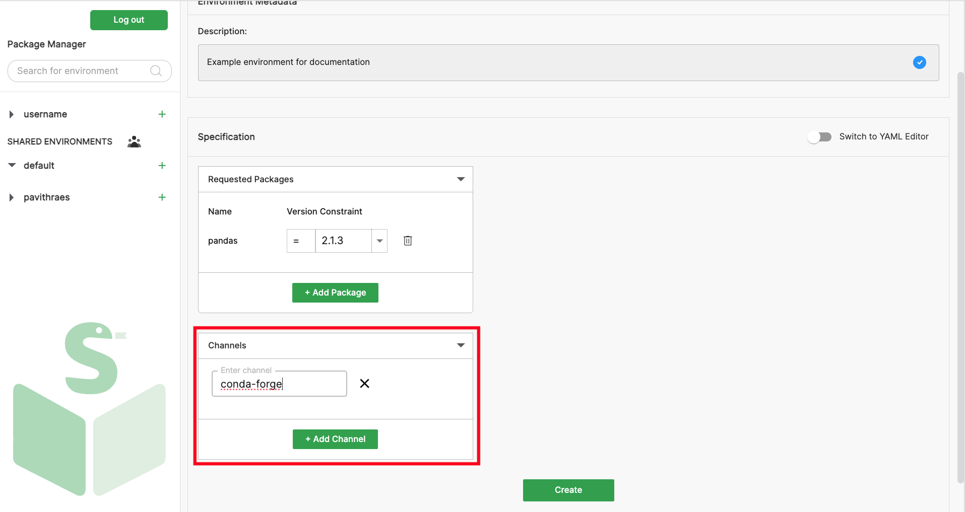 Channels subsection under Specification is highlighted where conda-forge is added as a preferred channel